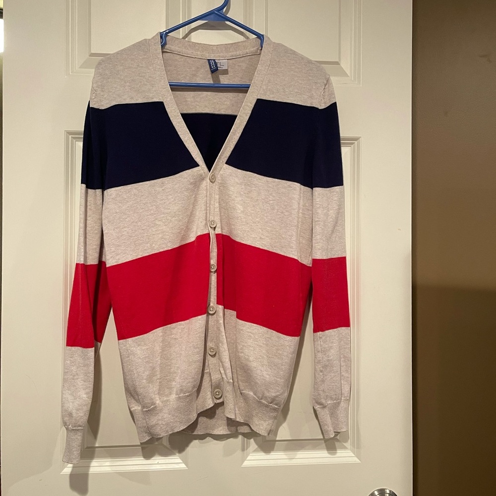 Blue, red, and light grey cardigan